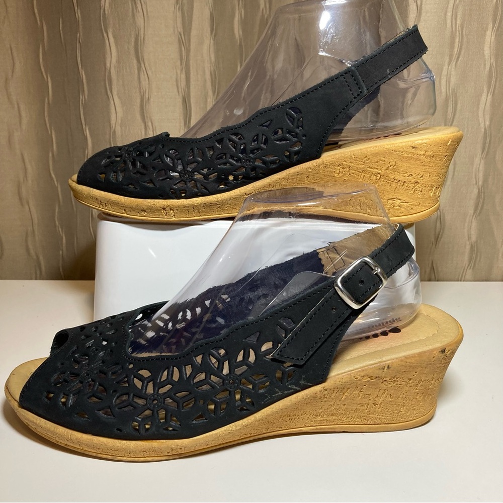 Spring Step Orella Women's 41 US 9.5-10 Wedge Leather Cutout Slingback Peep Toe